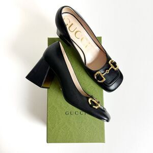 GUCCI Black Baby Bit Horsebit Square Toe Pump 38.5 US 8.5 Leather Block Heel